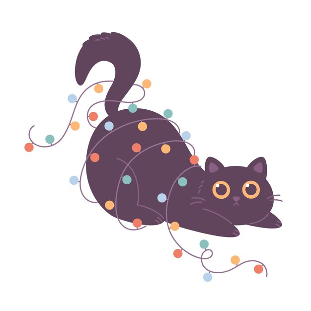 Leuke zwarte kat die speelt met kerstkrans Vrolijk kerstfeest en gelukkig nieuwjaar