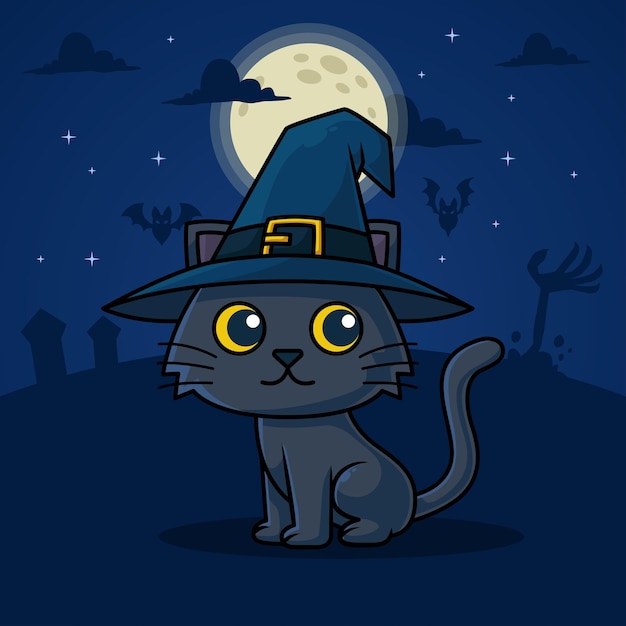 Leuke zwarte kattencartoon met een heksenhoed voor halloween