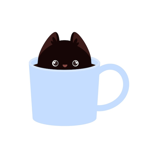 Leuke zwarte kawaii kat die in een kop koffie zit