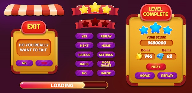 Level complete and exit menu pop up screen with stars and button