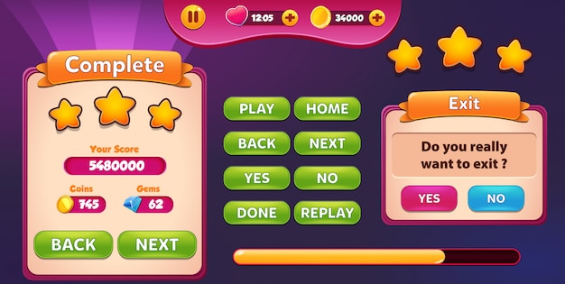 Level Complete and Exit menu pop up screen with stars and button