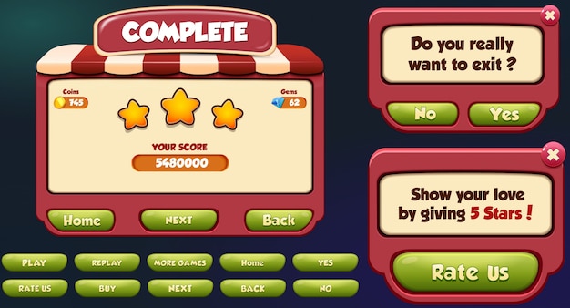 Level complete, exit and rate us menu pop up screen with stars and button