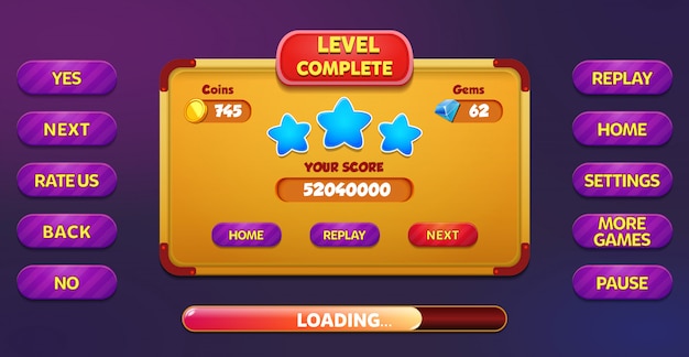 Level Complete menu pop up screen with stars, buttons, coins and gems