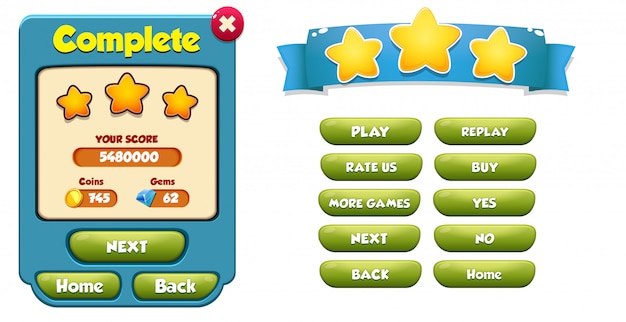 Level complete menu pop up with stars score and buttons gui