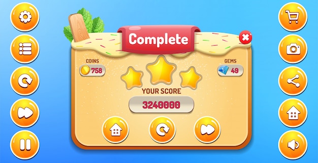 Level complete menu pop up with stars score and buttons gui