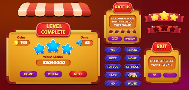 Vector level complete rate us and exit menu pop up screen with stars and button