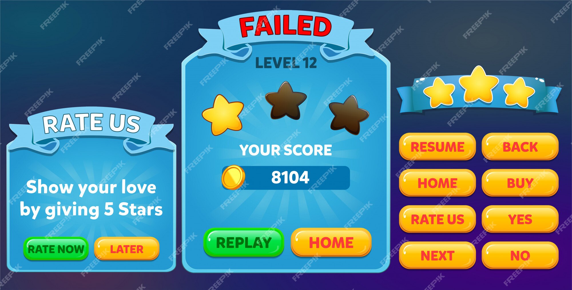 Game ui Level complete menu pop up with stars score and buttons 550649  Vector Art at Vecteezy