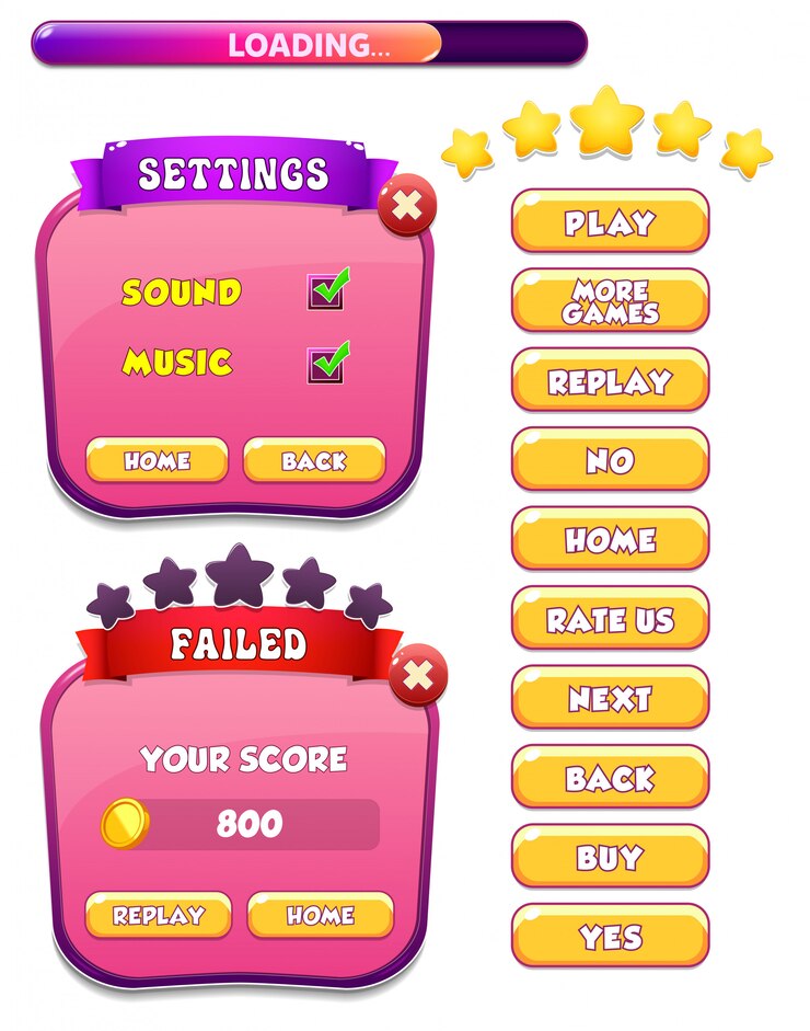 Level Failed and settings menu pop up screen with stars and button
