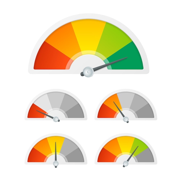 Vector level indicator set on a white vector illustration of color dial rating meter indicators