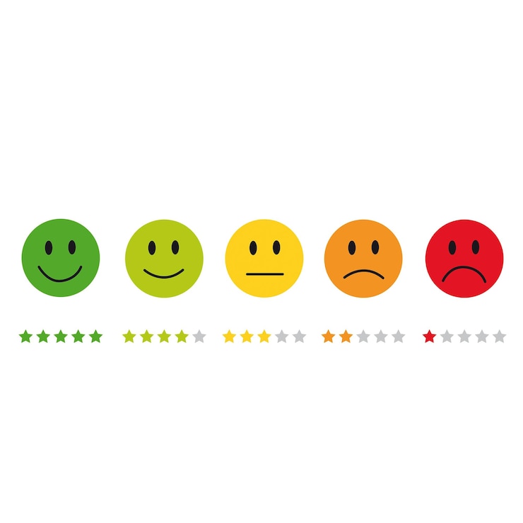 Vector level of satisfaction face shape and stars on a white background with copy space