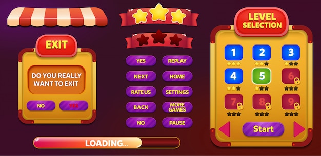 Level selection and exit menu pop up screen with stars and button