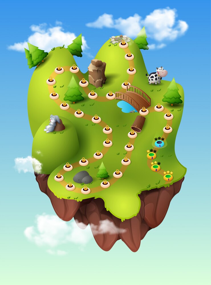 Level selection game menu scene forest hill, jungle mountains clouds trees