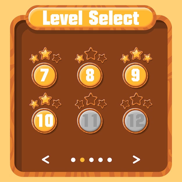 Selezione del livello, avanzamento del giocatore. interfaccia utente grafica vettoriale per videogiochi. menu luminoso con bottoni e stelle dorate. struttura di legno.