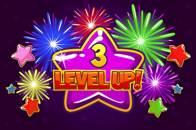 Level up banner voor ui game. gekleurde sterren schieten