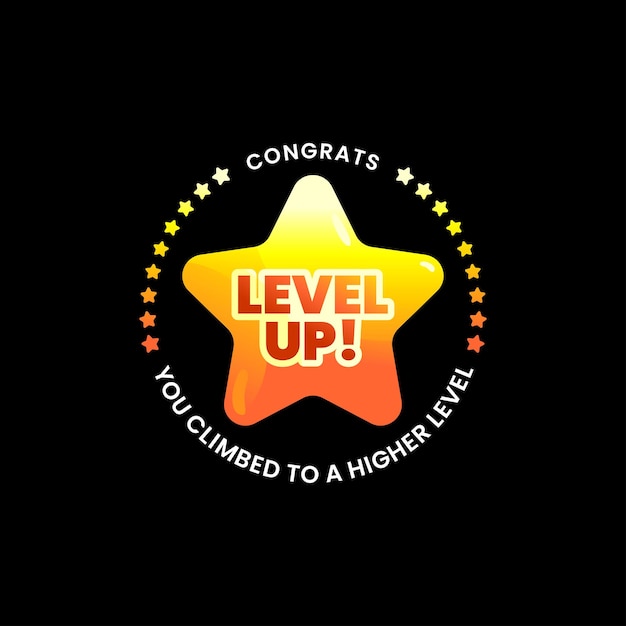 level up icon glowing golden star successful winner level badge vector illustration