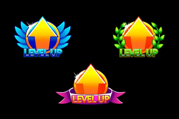Level UP-pictogram, spelpictogrammen. Grafische gebruikersinterface GUI om 2D-spellen te bouwen. Casual spel. Kan gebruikt worden in mobiel of webspel.