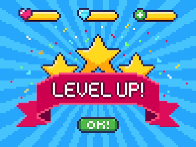 Level Up-scherm. Pixel-videogameprestatie, pixels 8-bits games-ui en voortgangsillustratie op gamingniveau