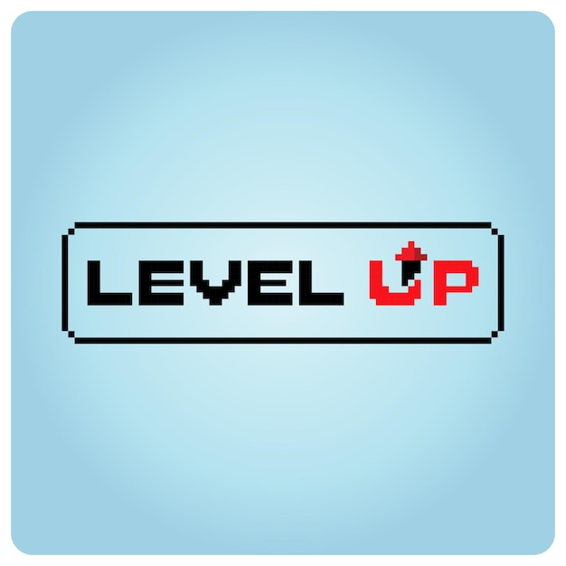 LEVELUP in pixelart. Toon letters op een hoger niveau voor retro-games en kralenpatronen in vectorillustratie