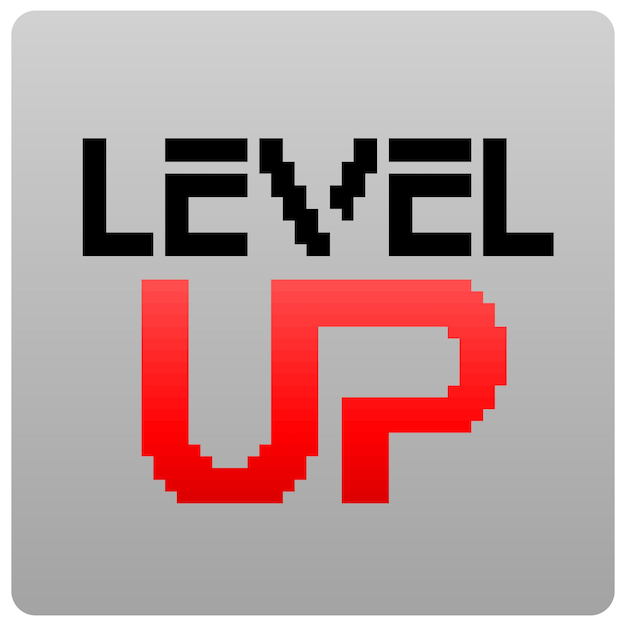 픽셀 아트의 LEVELUP. 벡터 일러스트레이션에서 레트로 게임 및 비드 패턴에 대한 문자 레벨 표시