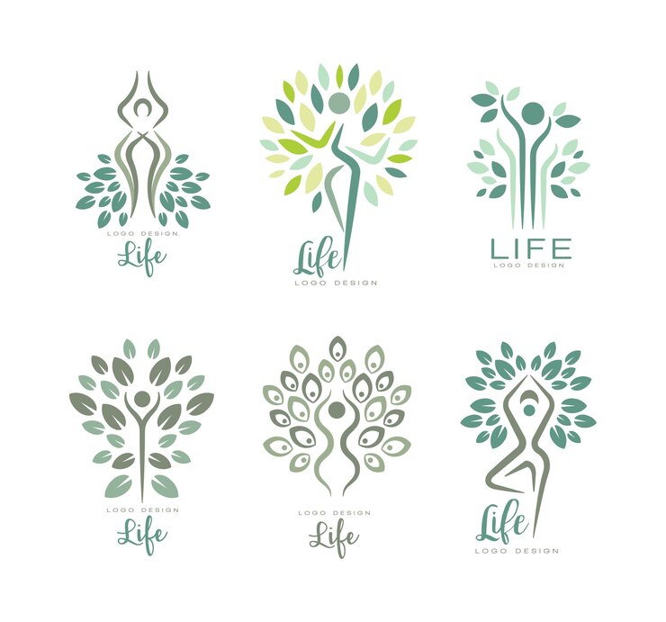 Vector leven logo ontwerp met menselijk silhouet als boom met weelderige blad kroon vector set