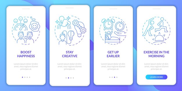 Levend evenwichtig leven blauwe gradiënt onboarding mobiele app scherm Selfcare walkthrough 4 stappen grafische instructies pagina's met lineaire concepten UI UX GUI sjabloon Myriad ProBold Regelmatige gebruikte lettertypen