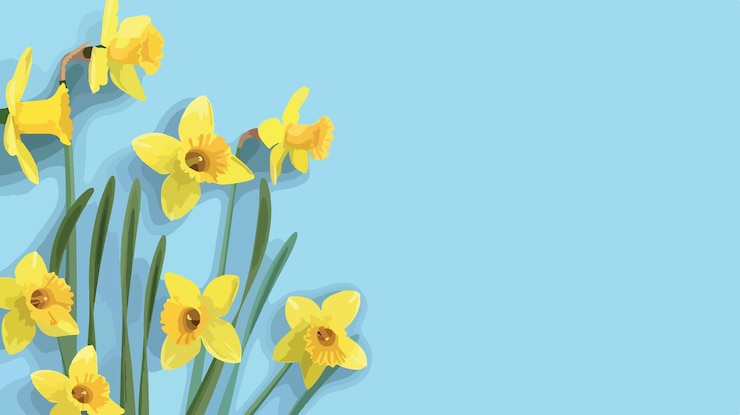Vector levendige gele narcissen op blauwe achtergrond platte foto's