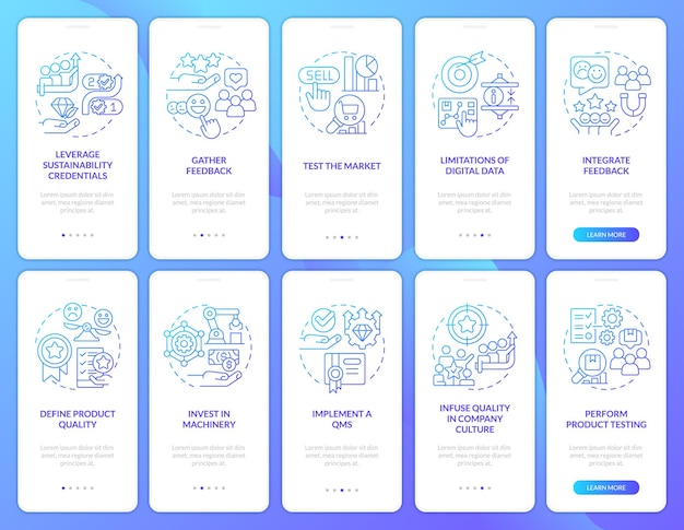 Levensduur van het merk en kwaliteit blauwe kleurverloop onboarding mobiele app-schermset