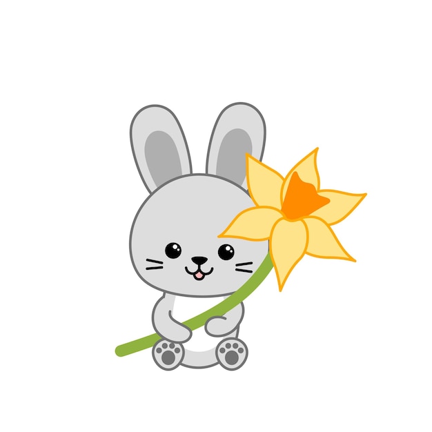 Leveret is holding big yellow narcissus Bunny and spring flower Cartoon illustration vector eps 10