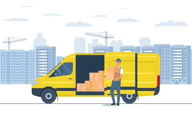 Levering dienstverleningsconcept Vrachtwagen en koerier Vectorillustratie