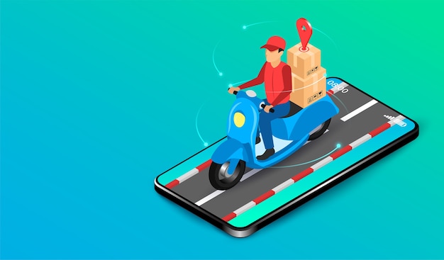 Levering expres door pakketbezorger met scooter via e-commerce systeem op smartphone. isometrisch plat ontwerp. illustratie