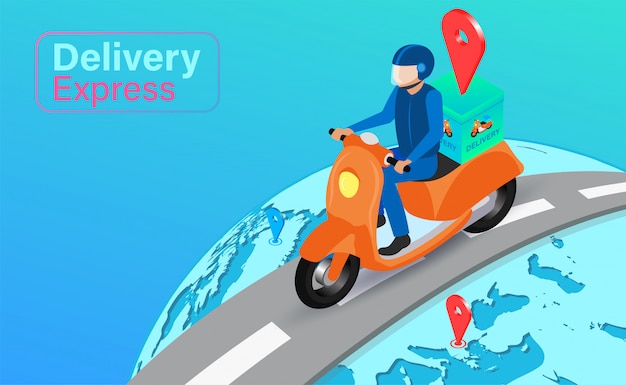 Levering express per scooter wereldwijd met systeem gps. online eten bestellen en verpakken in e-commerce per applicatie. isometrisch plat ontwerp.