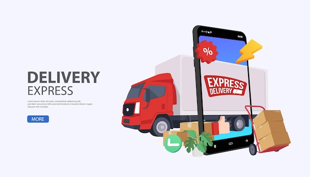 Levering Express Truck Delivery-pakket met vrachtwagenbezorgserviceconcept op smartphone