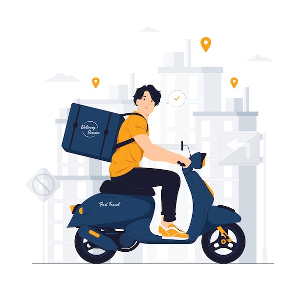 Levering man koerier verzending bestelling met tas rijden scooter concept illustratie