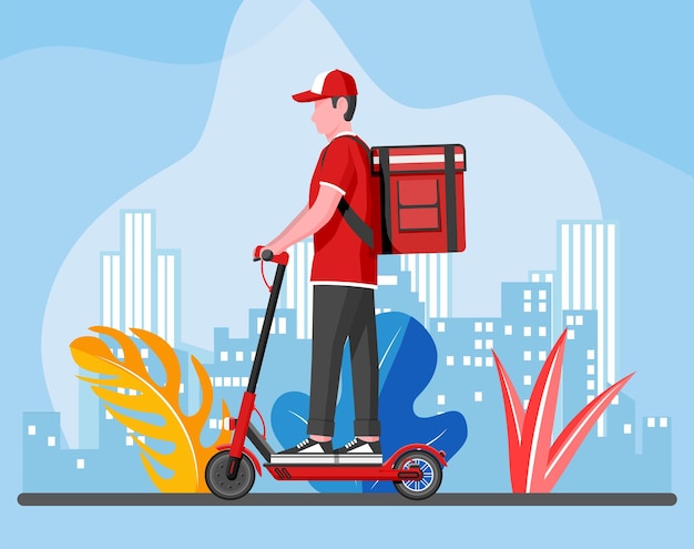 Levering man rijden kick scooter met de doos Concept van snelle levering in de stad Mannelijke koerier met pakketdoos op zijn rug met goederen en producten Stadsgezicht achtergrond platte vectorillustratie