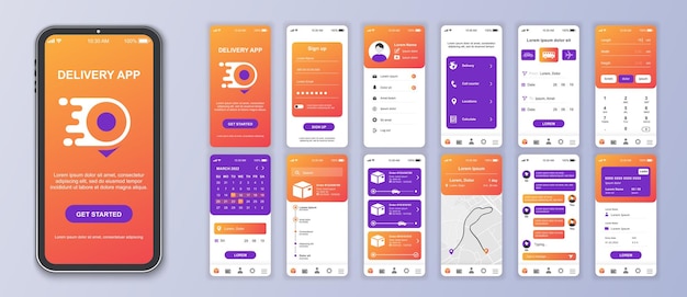 Levering mobiele app interface schermen sjabloon set Online account koerier verzending pakket berekenen tracking order kaart betaling Pack van UI UX GUI kit voor applicatie web layout Vector design
