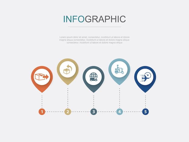 Levering retour wereldwijde levering scooter levering schip door de lucht pictogrammen Infographic ontwerpsjabloon Creatief concept met 5 stappen