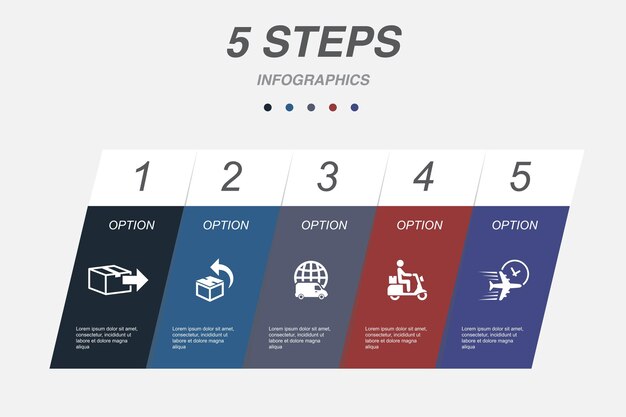 Vector levering retour wereldwijde levering scooter levering schip door de lucht pictogrammen infographic ontwerpsjabloon creatief concept met 5 stappen