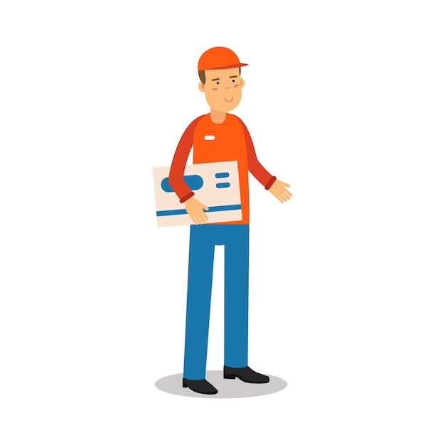 Levering service werknemer permanent en houden grote envelop, koerier in uniform op het werk cartoon karakter vector illustratie geïsoleerd op een witte achtergrond