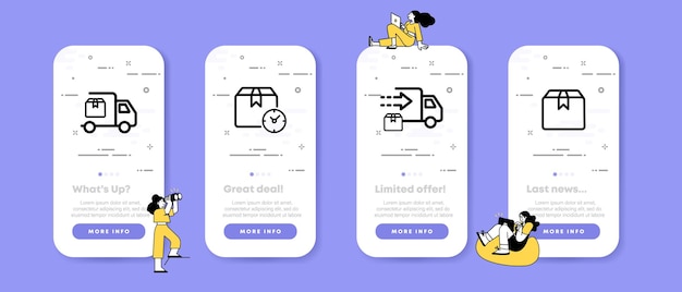 Levering set icoon Auto vrachtwagen pakketdoos leveren koerier tijd aankoop pijl snelle klant Verkoop concept Ui telefoon app schermen met mensen Vector lijn pictogram voor Business en reclame