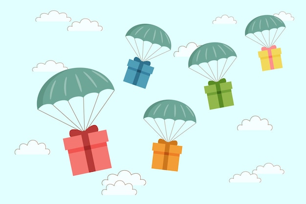 Leveringsconcept geschenkdozen vliegen aan een parachute