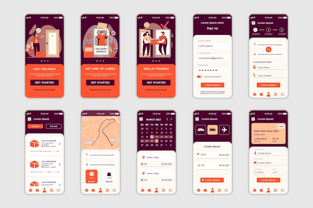 Leveringsconceptschermen ingesteld voor sjabloon voor mobiele app UI UX GUI gebruikersinterfacekit
