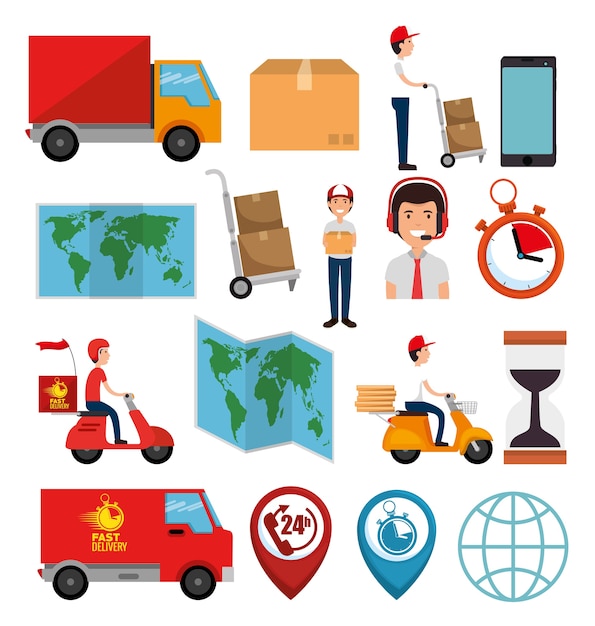 leveringsdienst vastgesteld pictogrammen vector illustratieontwerp