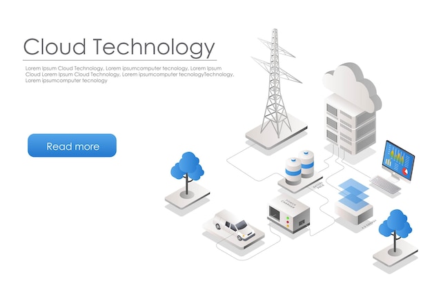 Leveringsopdracht 1Concept van isometrische illustratie van elektrisch energienetwerk en server