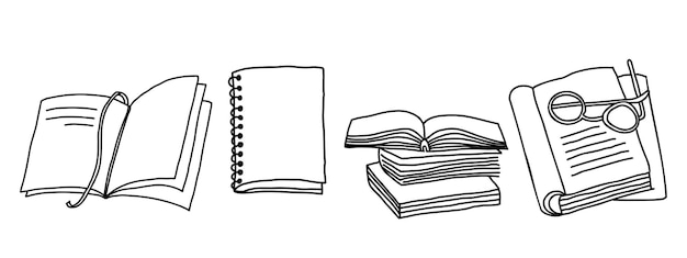 Lezen van esthetische set stapel boeken leerboek notebook lijn kunst vectorillustratie
