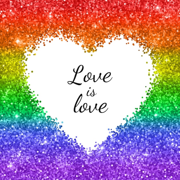 Vettore carrello lgbt, cornice cuore glitter con testo love is love. illustrazione vettoriale