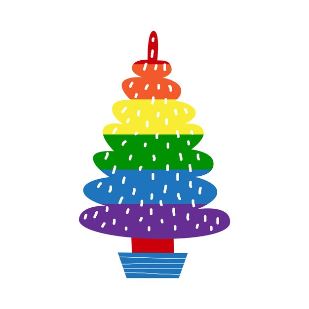 Albero di natale lgbt con arcobaleno e simboli gay vettore illustrazione piatta