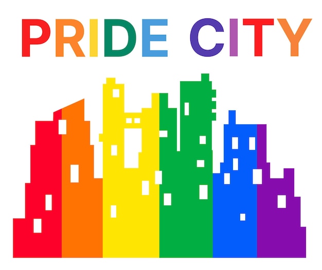 Illustrazione dell'emblema dell'arcobaleno del paesaggio degli edifici della città lgbt