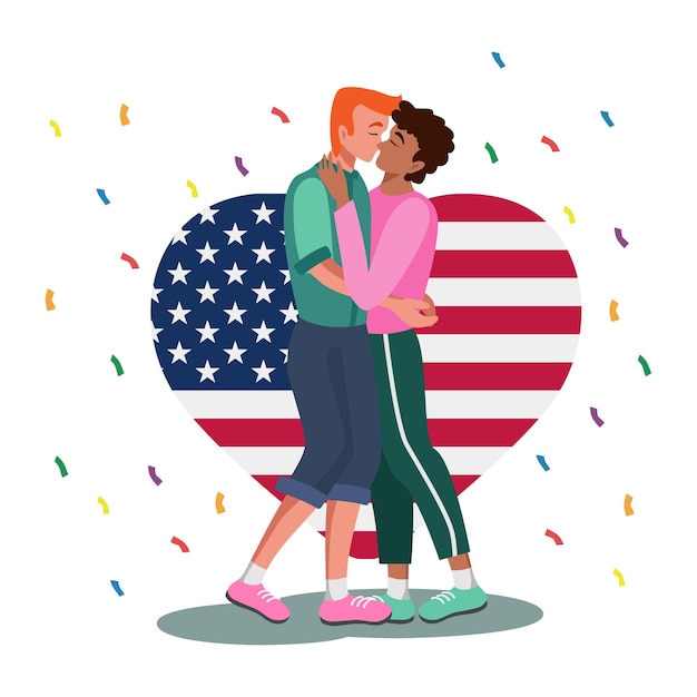 Vector lgbt family on the background of the usa flag two men kissing on a white background vector