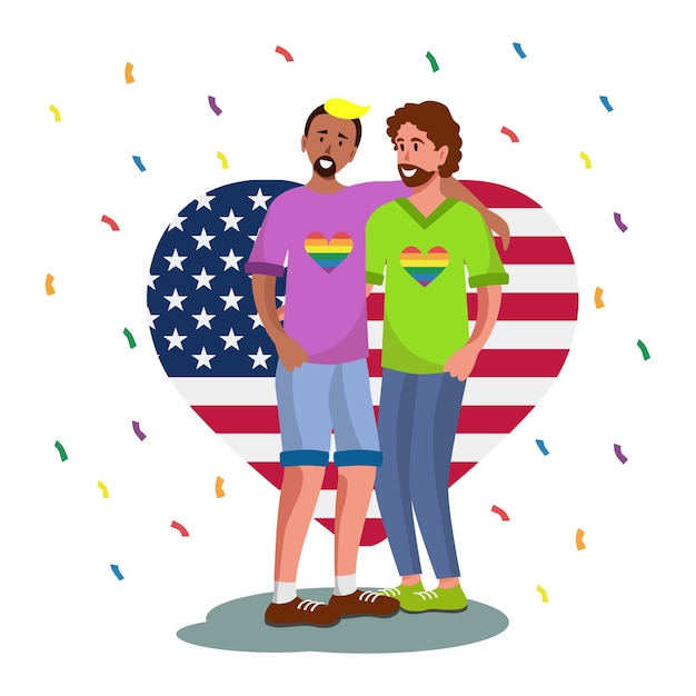 Lgbt family on the background of the usa flag two men white background vector