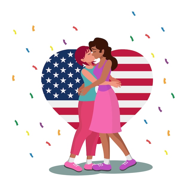 Семья ЛГБТ на фоне флага США две женщины на белом фоне Вектор